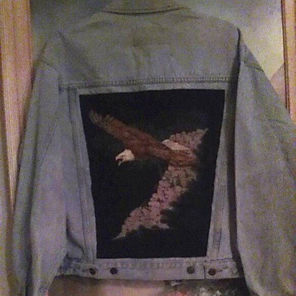 Jean Jacket Capezio Upcycled Men's Size M With Eagle On Back Light Wash Blue